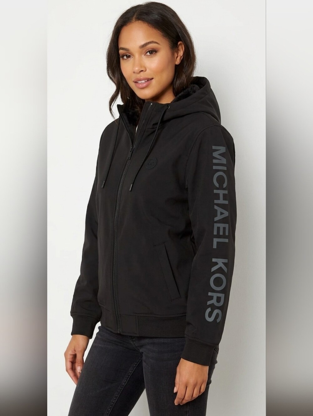 Michael Kors Men's Sherpa Hooded Soft  Black Logo-Print   Size Medium Jacket NWT